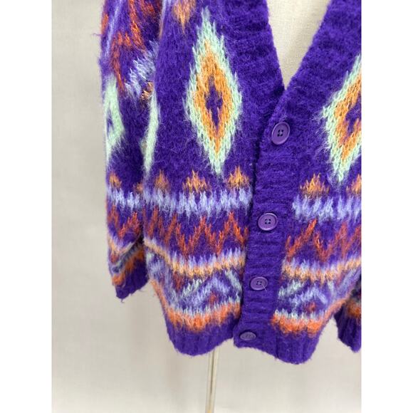 ASOS Reclaimed Vintage Oversize Purple Fair Isle Fuzzy Cardigan Unisex sz small - Picture 5 of 16